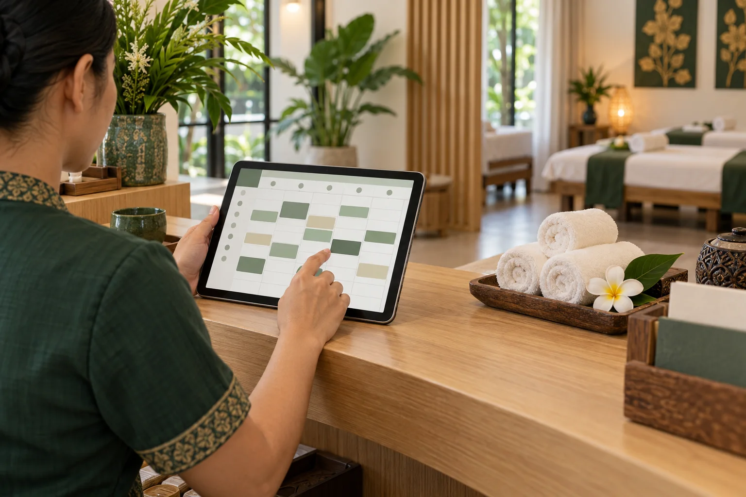 A shop owner checking the appointment calendar on a tablet