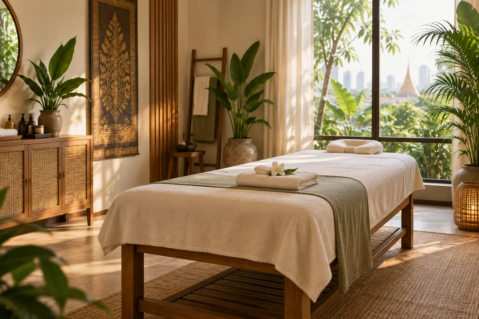 A calm Thai massage room with a neatly prepared treatment bed and tropical greenery